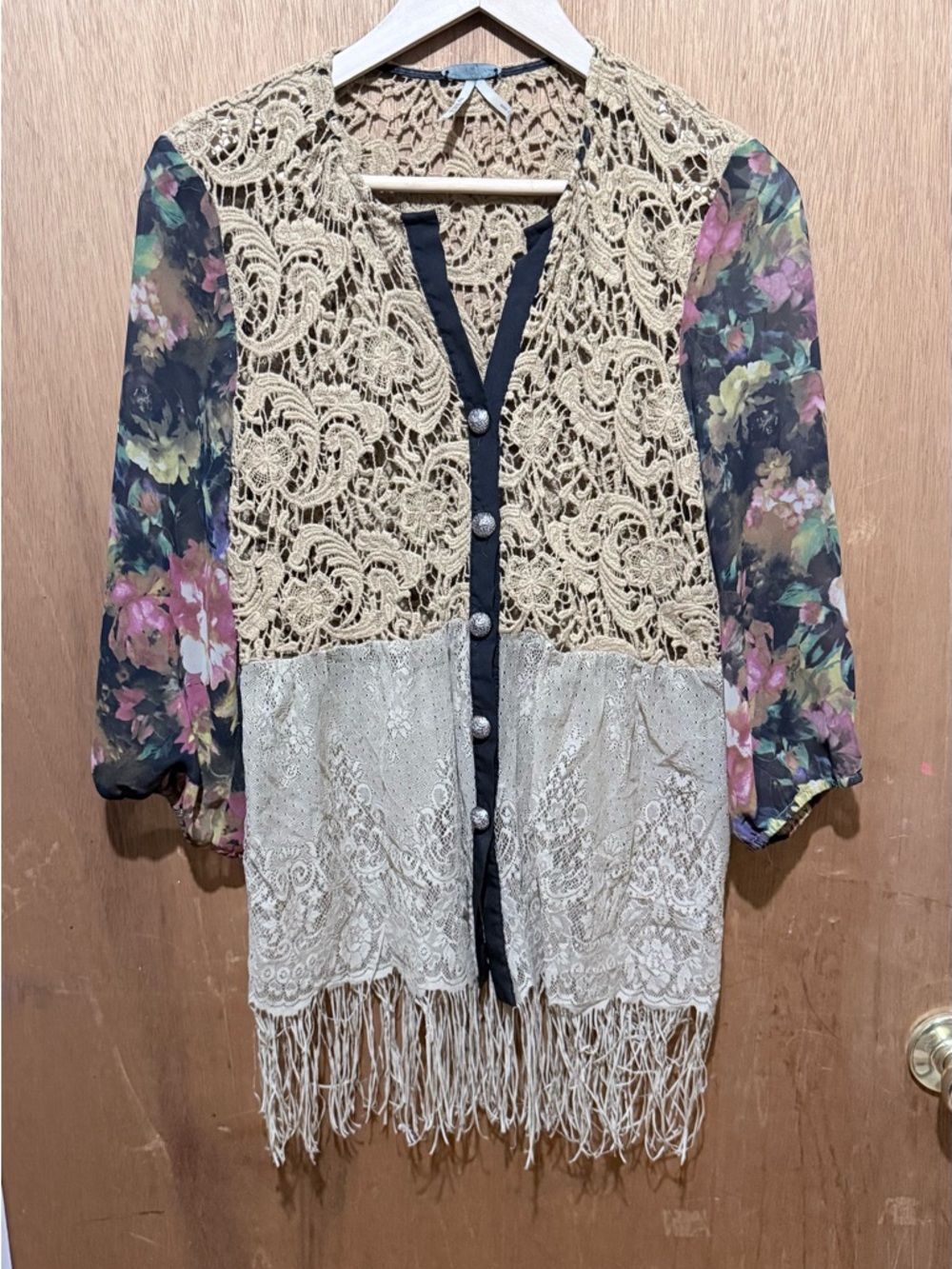 Boho Crochet Lace Fringe Cardigan with Floral Sheer Sleeves